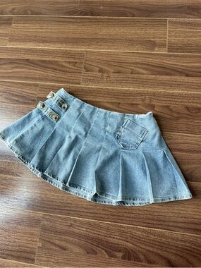 Finesse Light Blue Denim Pleated Skater Mini Skirt